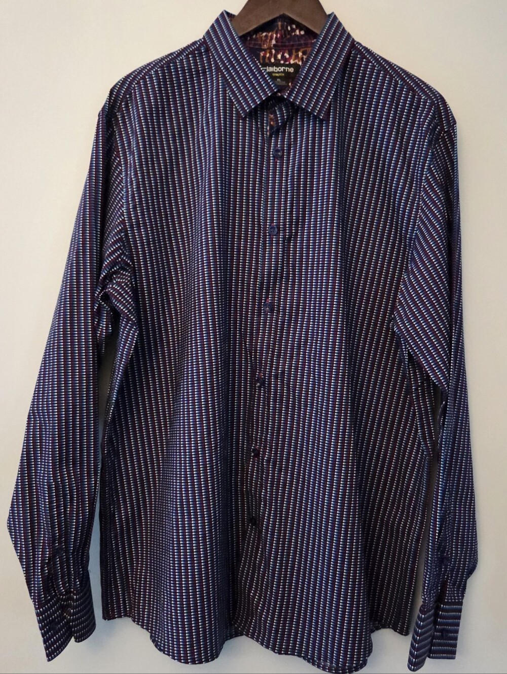 Claiborne Men's Stretch Cotton Blue & Purple Pattern Long-Sleeve Dress Shirt